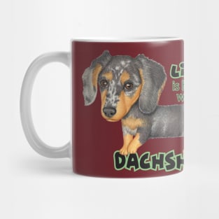 Cute doxie dog walking with attitude on Dappled Dachshund Walking Mug